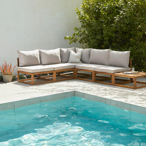 17 Stories Rowan 5 Seater Wooden Garden Corner Sofa & Coffee Table